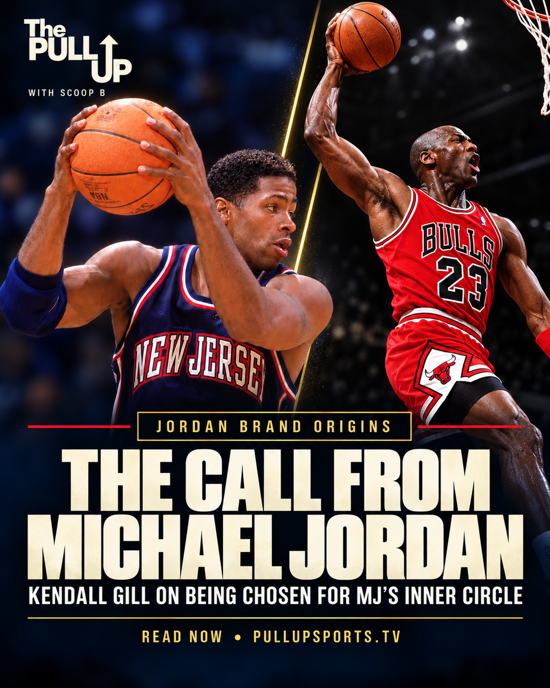 Kendall Gill holds a basketball on a Pull Up Sports cover titled The Call From Michael Jordan.
